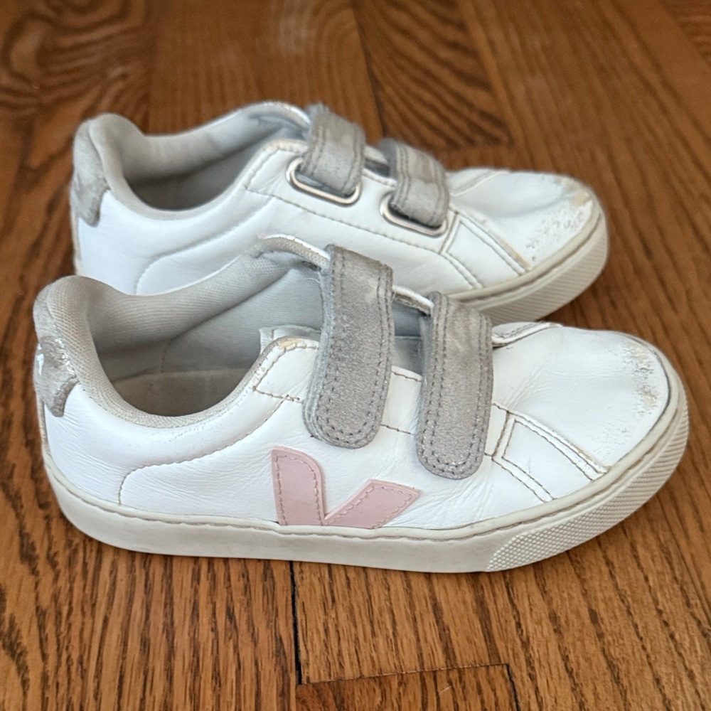 Veja Kids White Velcro Sneakers Pink Logo Size 12 Leather Shoes
